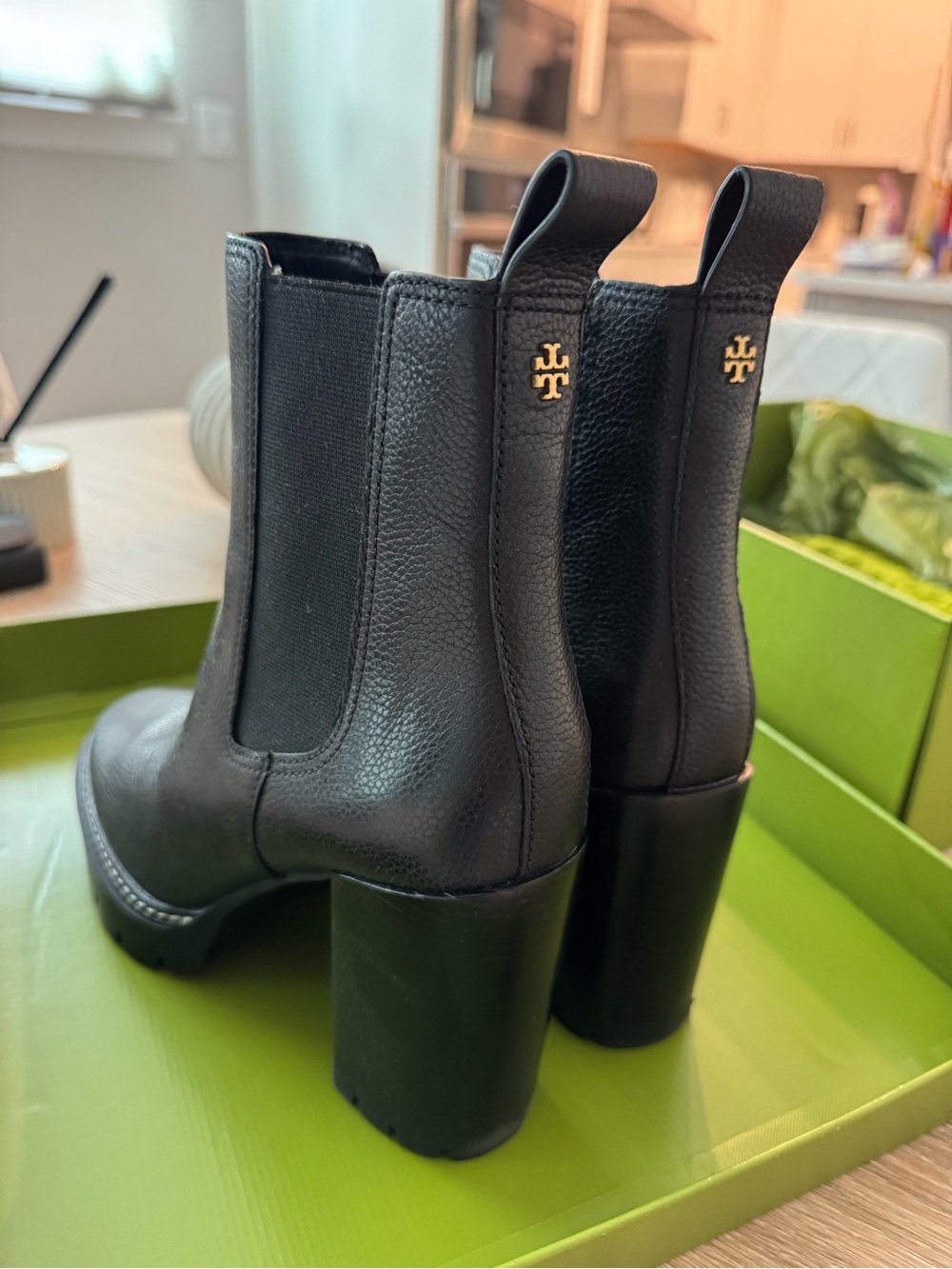 Tory Burch Black Leather Block-Heel Carson Lug Boots